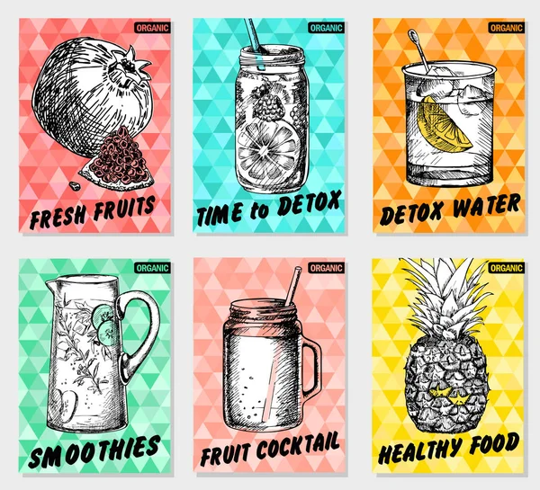 Stel Kleurrijke Gezonde Voedsel Posters Smoothies Vers Fruit Detox Schets — Stockvector