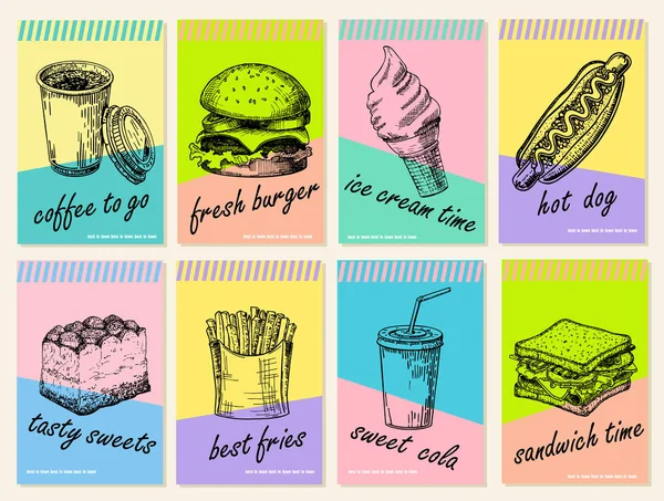 Fastfood Moderne Banner Gesetzt Moderne Bunte Sommerposter Lebensmittelskizzen Und Typografie — Stockvektor