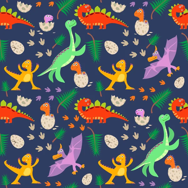 Patrón Sin Costura Dibujado Mano Con Dinosaurios Hojas Tropicales Perfecto — Archivo Imágenes Vectoriales