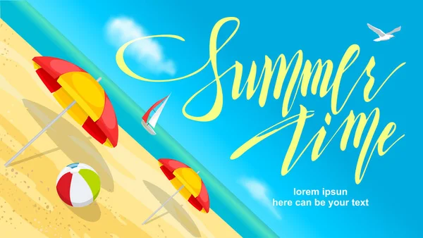 Sommerdesign Strand Hintergrund Handgezeichneter Schriftzug Vektor Sommerzeit Sonnenschirme Ball Und — Stockvektor