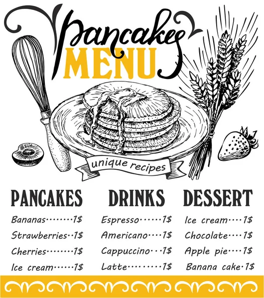 Tangan Digambar Pancake Menu Makanan Penutup Vektor Makanan Selebaran Untuk - Stok Vektor