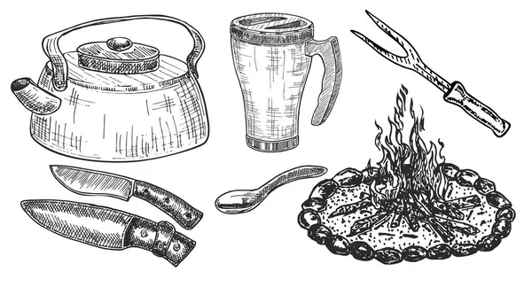 Набор Разнообразной Посуды Посуда Кемпинга Нож Ложка Чайник Термостат Векторная — стоковый вектор