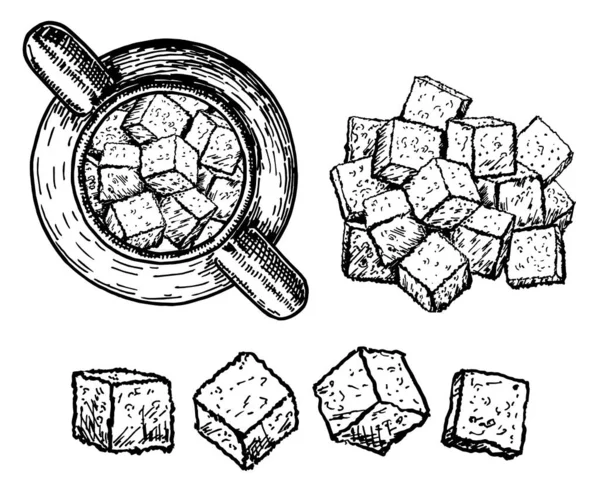 手描きの砂糖キューブと砂糖ボウル — ストックベクタ