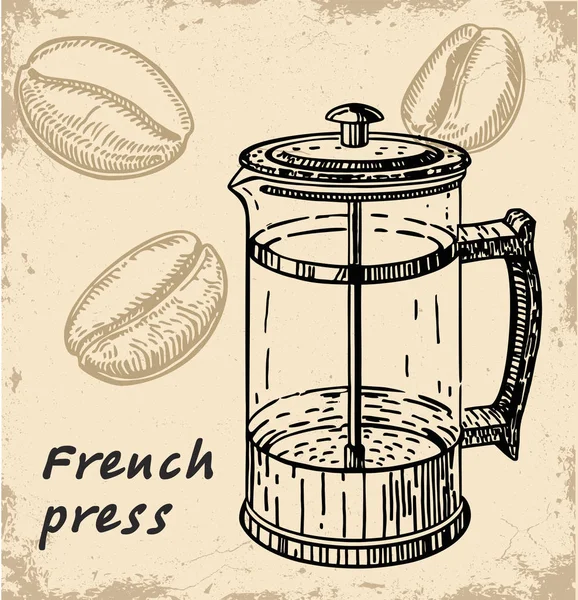 Vektorillustration Der Französischen Presse Französischer Pressekaffee Kaffeebohnen Auf Weißem Hintergrund — Stockvektor