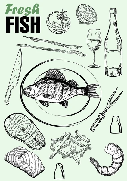 Готовая Рыба Сырые Овощи Тарелке Морепродукты Свежая Рыба Рисунок — стоковый вектор