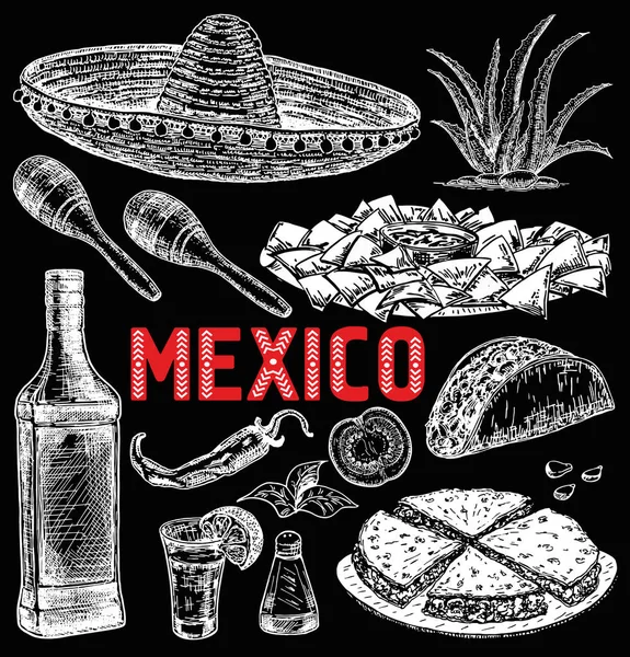 Cuisine Souvenirs Mexico Mexican Traditional Food Hand Drawn Sketch Vector — Stock Vector