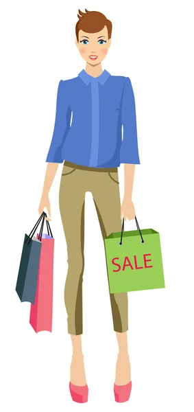 Bevásárló Lány Csomagokat Bevásárlótáskákkal — Stock Vector