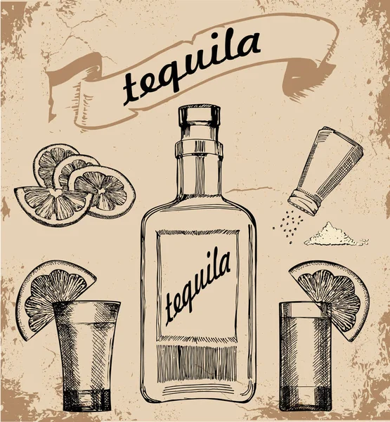 Vidrio Botella Tequila Sal Rebanada Lime Vintage Ilustración Grabado Vectorial — Vector de stock