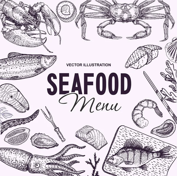 เฟรมเวกเตอร อมภาพประกอบอาหารทะเลท วาดด วยม ปลาสดก ามกรามหอยนางรมหอยนางรมปลาหม กและสเก เคร องเทศ ปแบบเมน — ภาพเวกเตอร์สต็อก