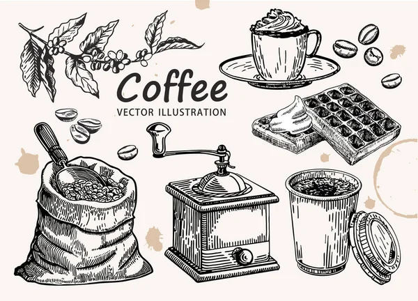 Collezione Caffè Disegnato Mano Schizzo Vettoriale Illustrazione Set Con Tazze — Vettoriale Stock