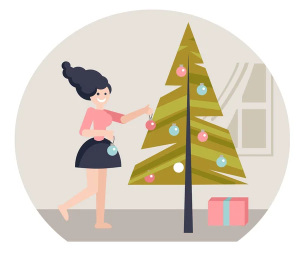 女孩装饰圣诞树 Xmas 卡片插图 矢量平面设计的人装饰树 扁平样式 — 图库矢量图片