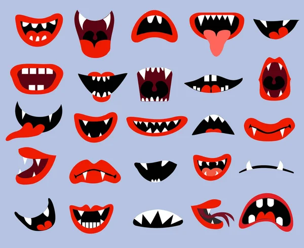 Monstres Bouche Réglée Bouches Dessin Animé Rouge Avec Des Dents — Image vectorielle