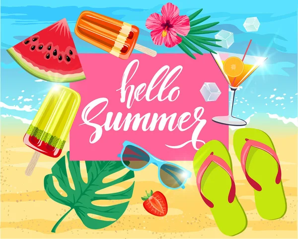 Summer Holiday Web Banner View Fresh Fruit Ice Cream Seashells — Stock Vector