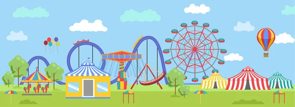 Amusement Park Urban Landscape Carousels Roller Coaster Air Balloon Circus — Stock Vector
