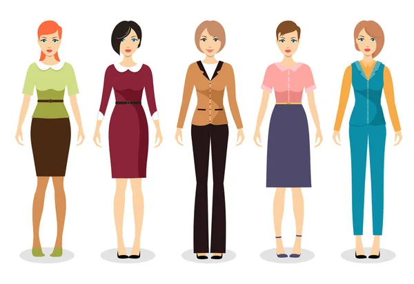 Mujer Dresscode Vector Ilustración Hermosas Mujeres Diferentes Trajes Iconos Sobre — Vector de stock