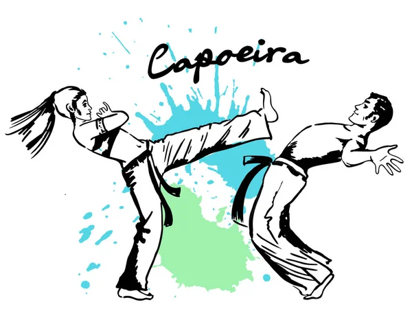 Tradycyjny Brazylijski Sport Capoeira Demonstracje Dwóch Bojowników Brazylijskiej Narodowej Sztuki — Wektor stockowy