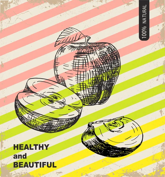 新鮮なリンゴのデザインテンプレート 植物の果物 刻まれたりんご ベクトルイラスト — ストックベクタ