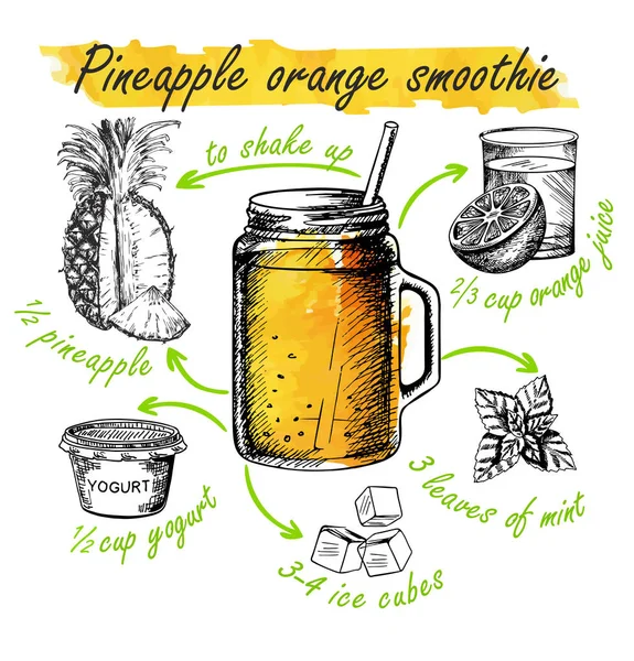 Ananas Sinaasappel Smoothie Hand Getekende Schets Illustratie Inclusief Recept Ingrediënten — Stockvector