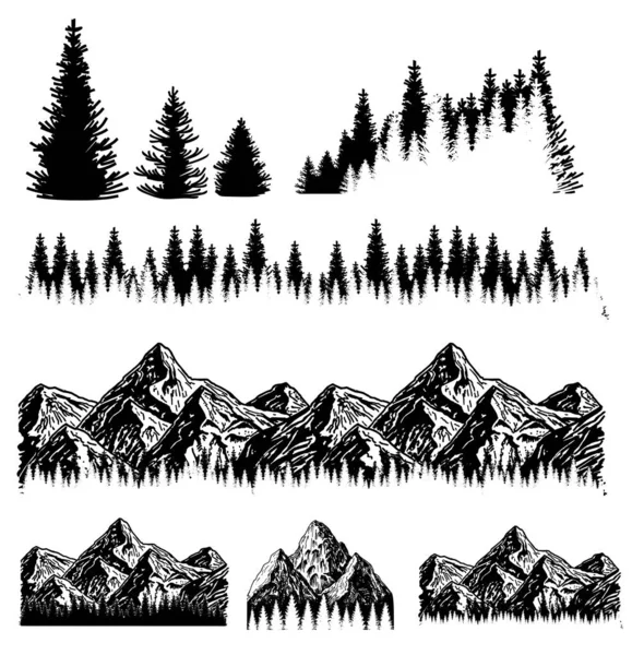 户外艺术手绘自然山水景观矢量插图 山脉和树木 自然的象征 用于纹身 贴纸的手工绘制雕刻风格 — 图库矢量图片