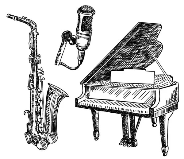 楽器のスケッチ モノクロ画像楽器のセット ピアノ サクセフォン マイク — ストックベクタ