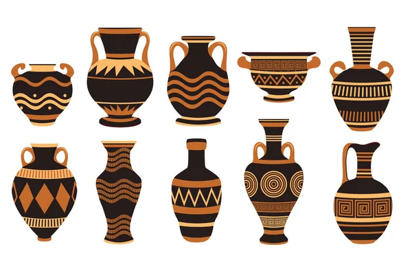 希腊陶器古董花瓶 古董花瓶剪影 花瓶剪影的矢量集 — 图库矢量图片