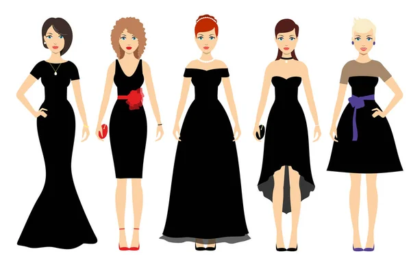 Junge Frauen Verschiedenen Schwarzen Kleidern Vektorillustration Schwarze Mode Weibliches Modell — Stockvektor