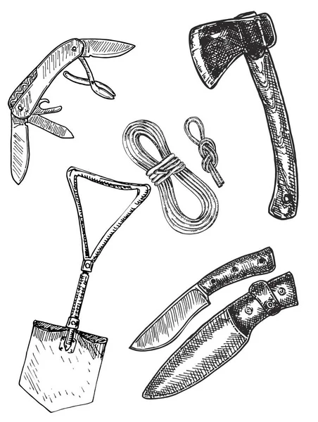 手描きのスケッチキャンプ用品のシンボルとアイコンのセット シャベル ナイフ キャンプに必要なツール — ストックベクタ