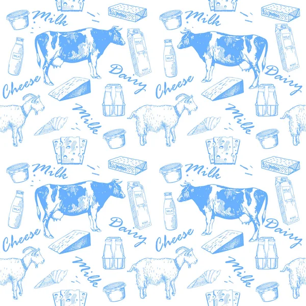 Dairy products seamless pattern. Vector seamless pattern with hand drawn isolated dairy products, milk on white color