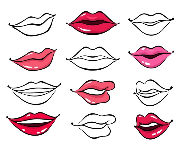 Kleurrijke Lijn Vrouwelijke Lippen Vector Ingesteld Witte Achtergrond Verschillende Vormen — Stockvector
