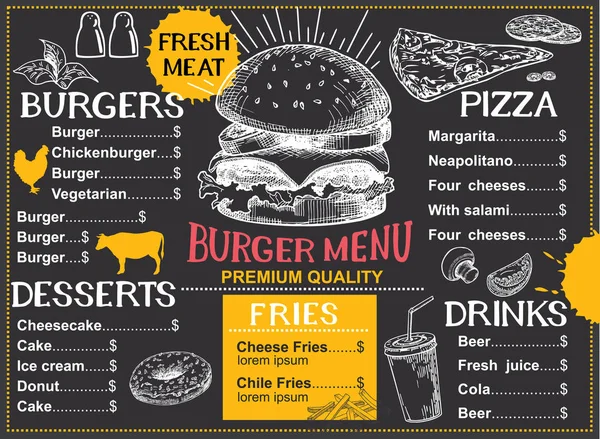 Menú Comida Para Restaurante Cafetería Plantilla Diseño Con Elementos Gráficos — Vector de stock