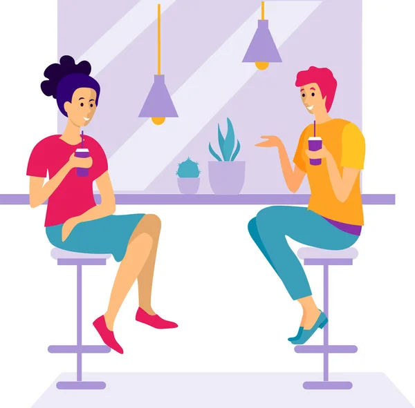 Two Women Sit Cafe Talk Women Sitting Cafe Restaurant Tables — Stock Vector