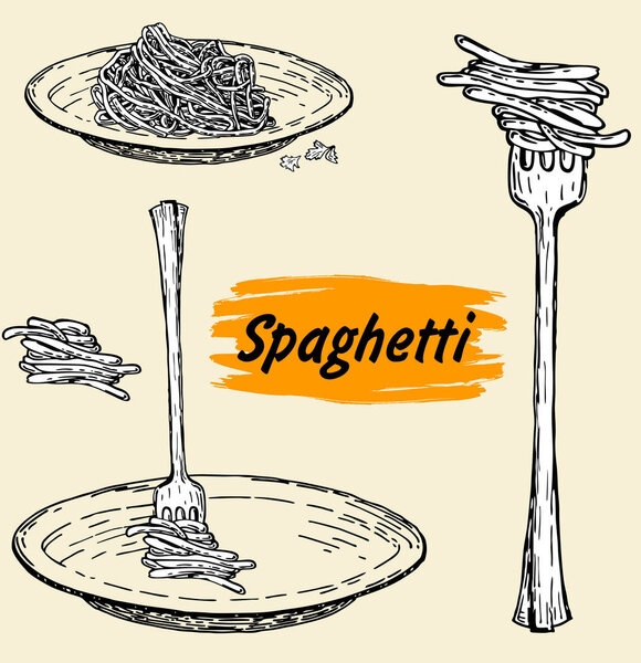 Set of pasta. Hand drawn collection spaghetti. Spaghetti in doodle style. Vector illustration. 