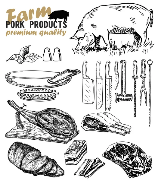 Vector Hand Getekende Illustratie Met Vleesproducten Varkensvlees Keuken Gereedschap Schets — Stockvector