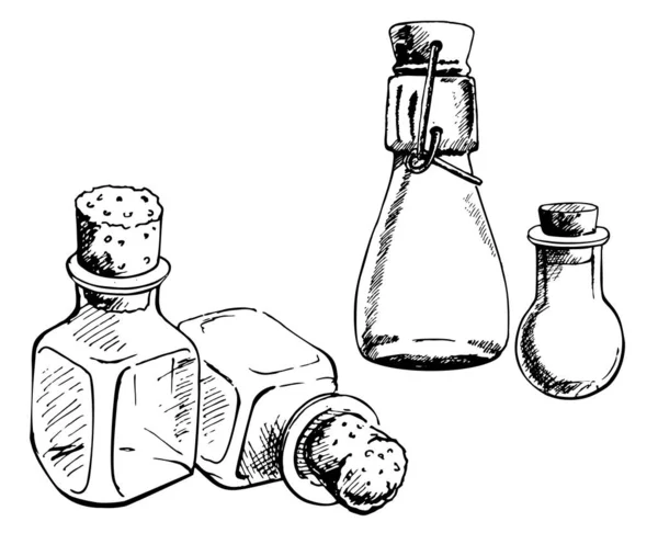 Набір Порожніх Скляних Банок Пляшок Різної Форми Ескіз Малюнок Вручну — стоковий вектор