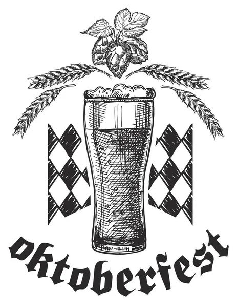 Oktoberfest çizimi. Bira vektör illüstrasyon. Oktoberfest el ilanı, afiş. Bira festivali logosu, konsept tasarımı. Pub menüsü.