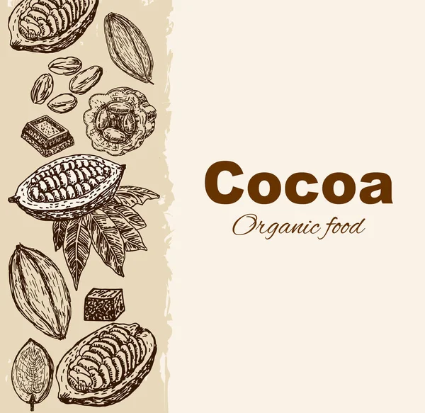 Kakao ürünleri ile vektör çizim çerçeve. El yapımı çikolata, organik gıda. Vintage öğeler için tasarım.