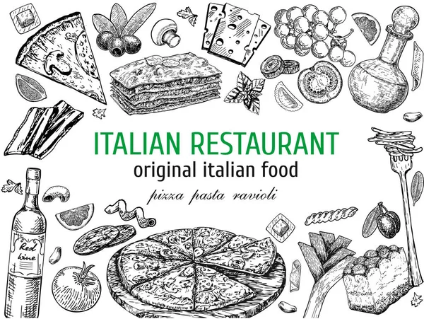 Итальянская Кухня Набор Классических Итальянских Блюд Дизайн Меню Продуктов Питания — стоковый вектор