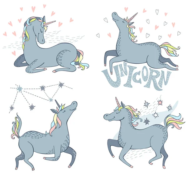 Unicorn Siap Cute Cartoon Unicorns Terisolasi Pada Latar Belakang Putih - Stok Vektor
