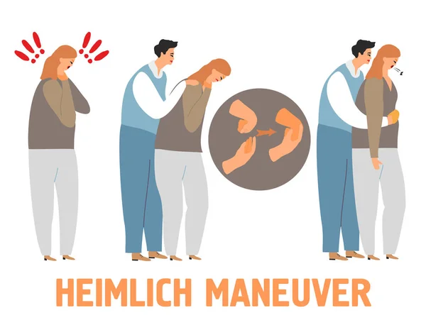 Heimlich manevrası vektör Illustration-genç adam karın bindirmeleri gerçekleştiren kadının hayatını kurtarıyor. Boğulan kişiye ilk yardım. Izole 