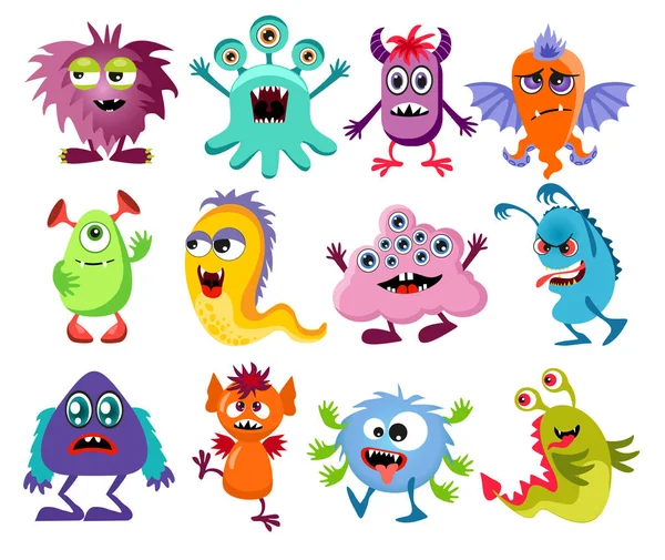 Monada Caricatura Mosters Coloridos Con Diferentes Emociones Colección Vector Ilustración — Vector de stock