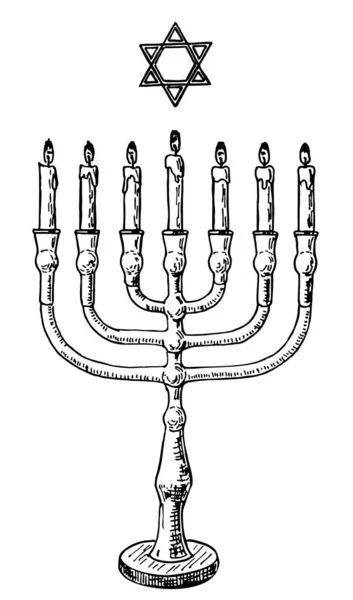 David Star Menorah Candelabro Dibujado Mano Tarjeta Felicitación Judía Hanukkah — Vector de stock