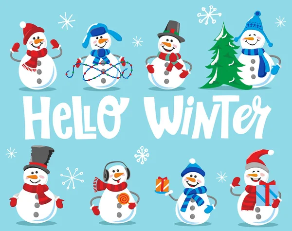 Set Muñecos Nieve Invierno Navidad Muñeco Nieve Aislado Vector Ilustración — Archivo Imágenes Vectoriales