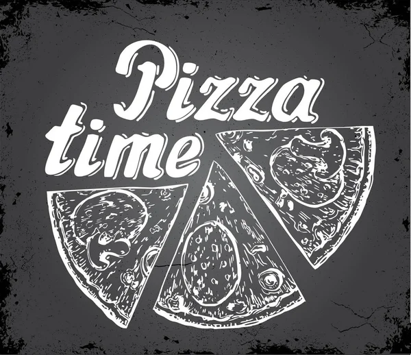 Pizza Time Sliced Italian Pizza Sketch Lettering Vintage Illustration Design — Stock Vector