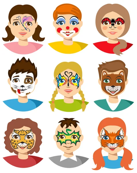 Cara Pintando Niños Pintura Facial Caras Niños Con Pintura Aislada — Vector de stock