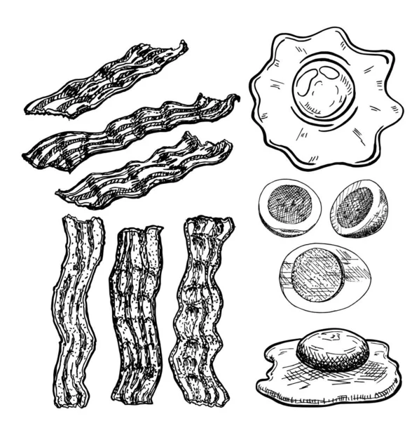 Œufs Bacon Œufs Frits Œufs Durs Œufs Crus Avec Bacon — Image vectorielle