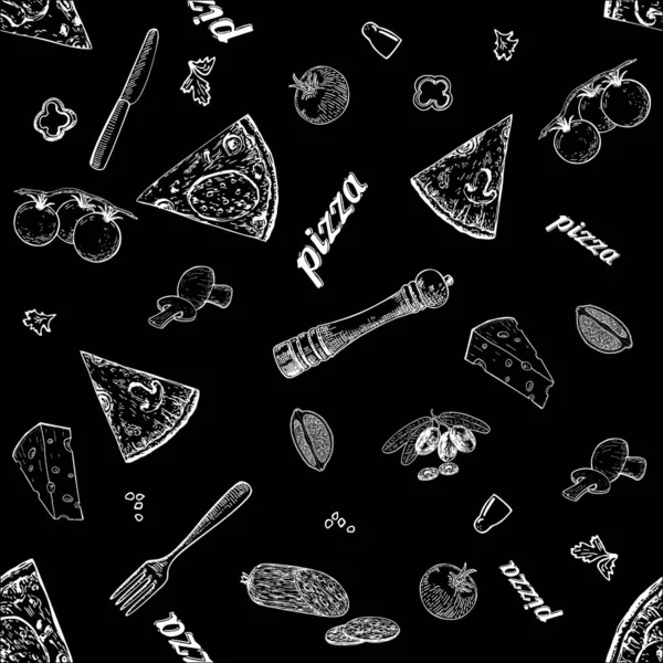 Seamless Monochrome Pattern Pizza Olives Cheese Tomatoes Cutlery Black Background — Stock Vector