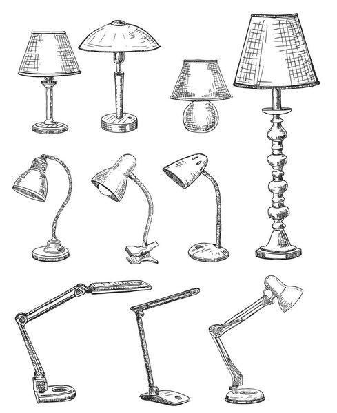 Свет и лампы набросок. Готово. Векторный набор различных ламп ручной работы. Набор лампочек
. 