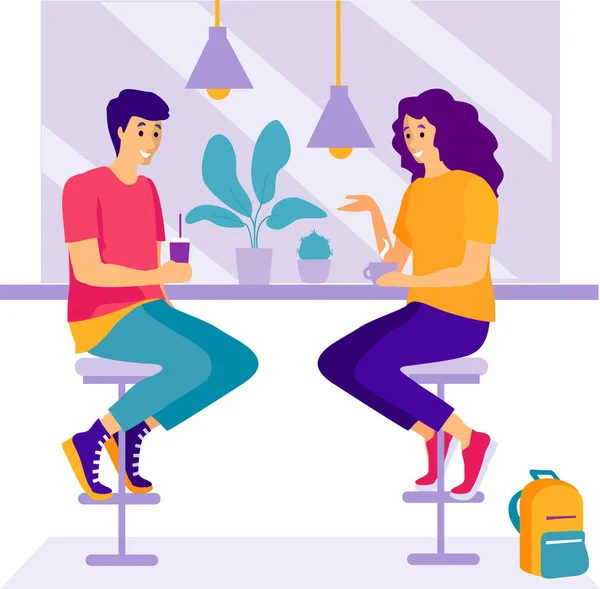 Couple Sitting Cafe Table Boyfriend Girlfriend Drinking Coffee Talking Young — Stock Vector