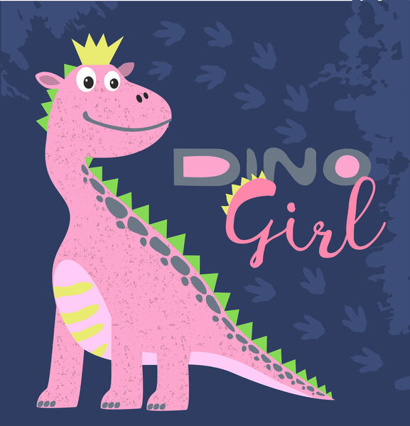 Dino girl color hand drawn vector character. Cute dinosaur with crown. Girl power concept. Cute dinosaur. Cartoon illustration for kids game, book, t-shirt, textile