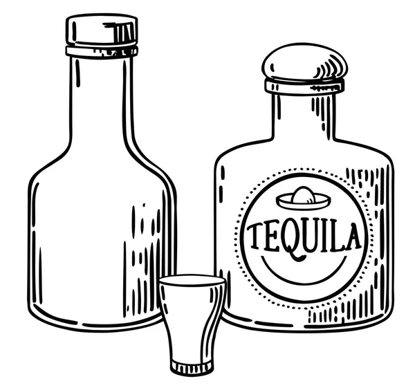 Handzeichnung Einer Tequila Flasche Und Eines Glases Auf Weißem Hintergrund — Stockvektor